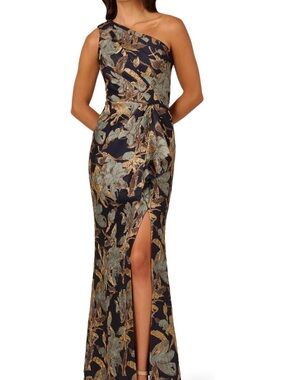 NWT Adrianna Papell Navy & Gold One-Shoulder Metallic Floral Evening Gown, 14